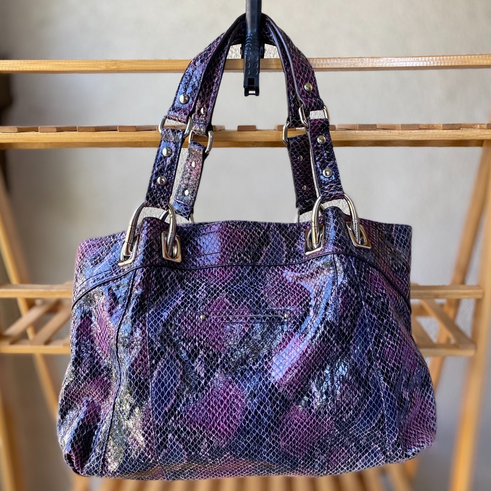 B Makowsky Leather Shoulder Tote Reptile Purple XL